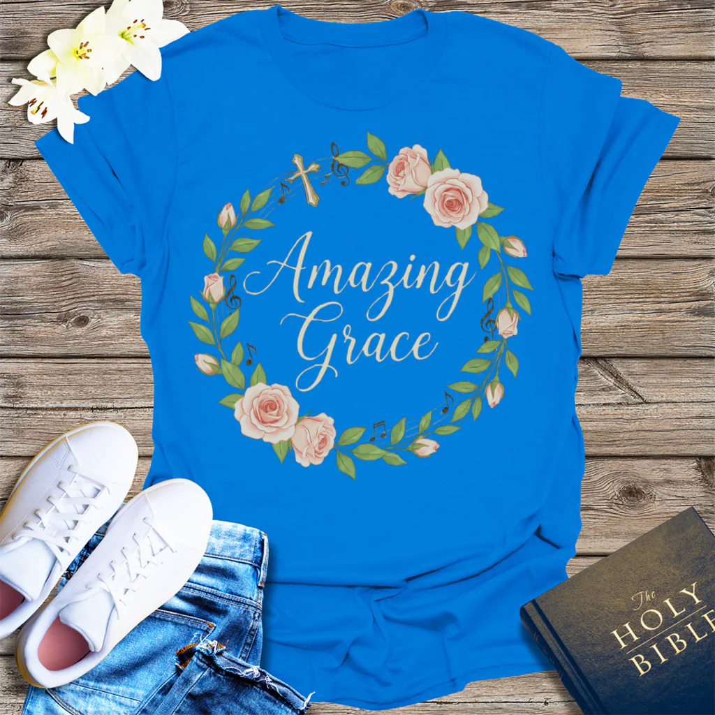 Amazing Grace Floral Wreath T-Shirt - Royal