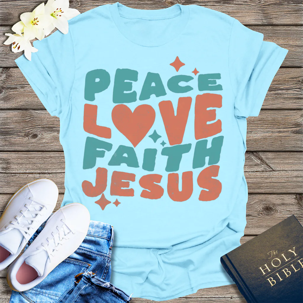 Peace Love Faith Jesus T-Shirt - Light Blue