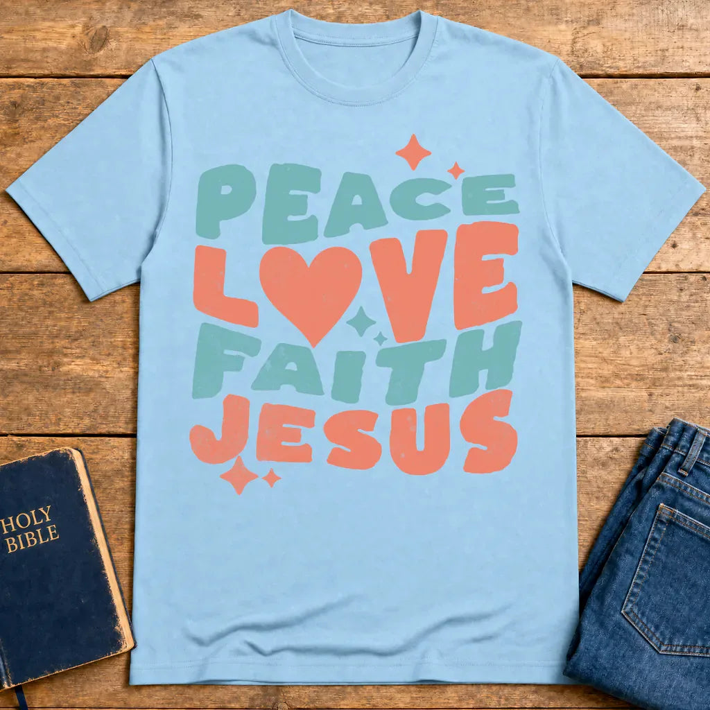 Peace Love Faith Jesus T-Shirt - Light Blue