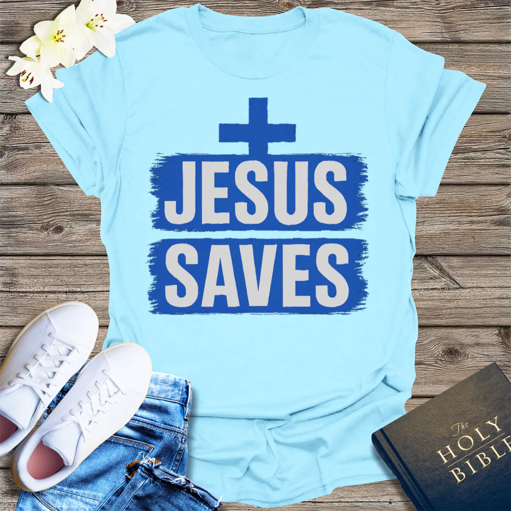 Bold Jesus Saves T-Shirt - Light Blue