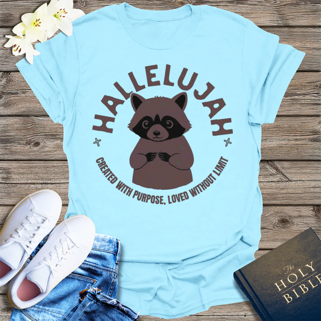 Hallelujah Raccoon T-Shirt - Light Blue