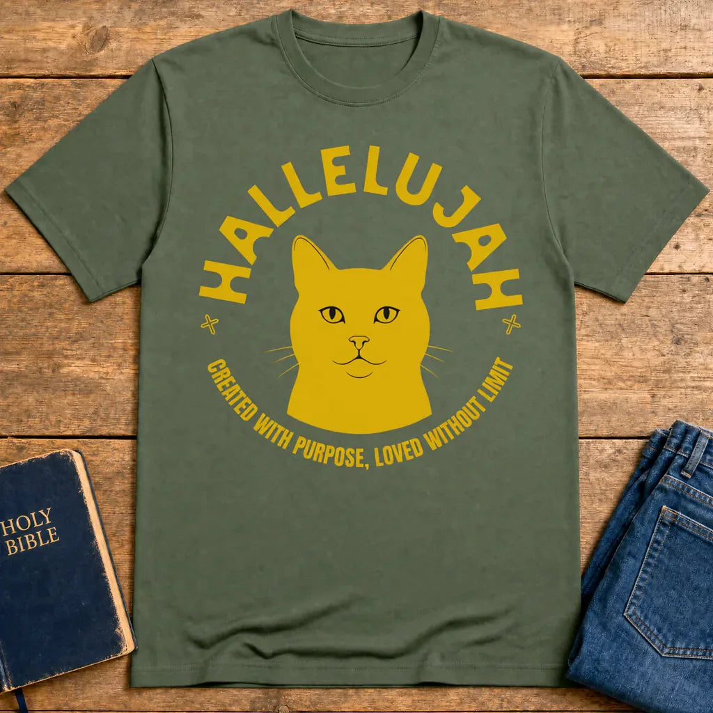 Hallelujah Cat T-Shirt - Military Green
