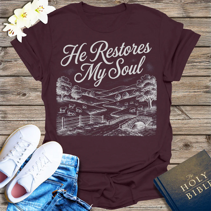 He Restores My Soul T-Shirt - Dark Chocolate