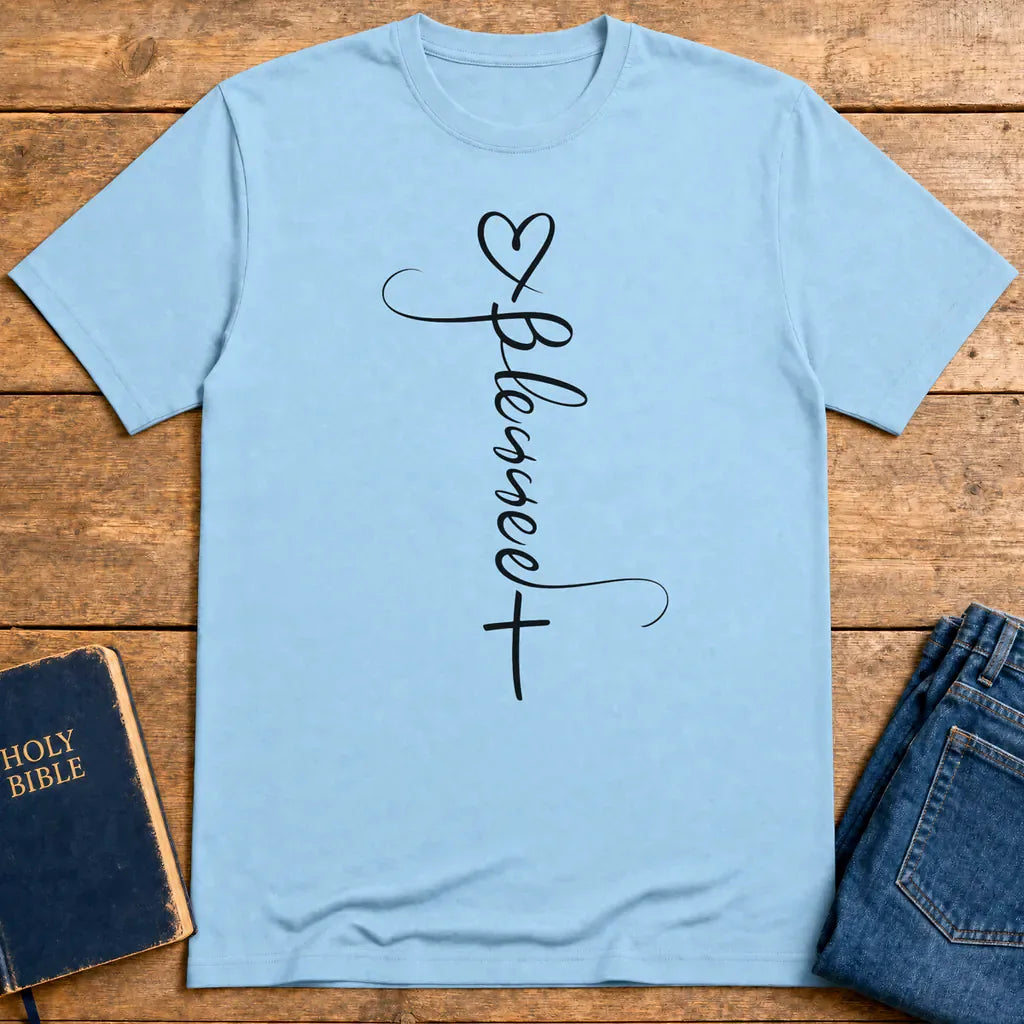 Blessed Cross Heart T-Shirt - Light Blue