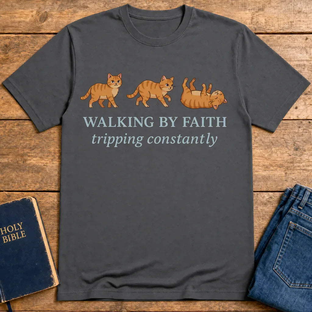 Walking By Faith Cat T-Shirt - Charcoal