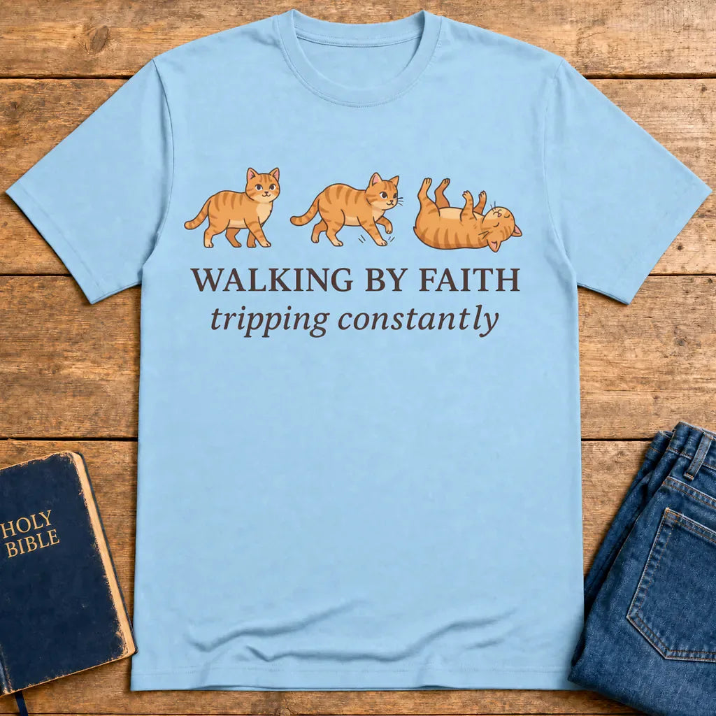 Walking By Faith Cat T-Shirt - Light Blue