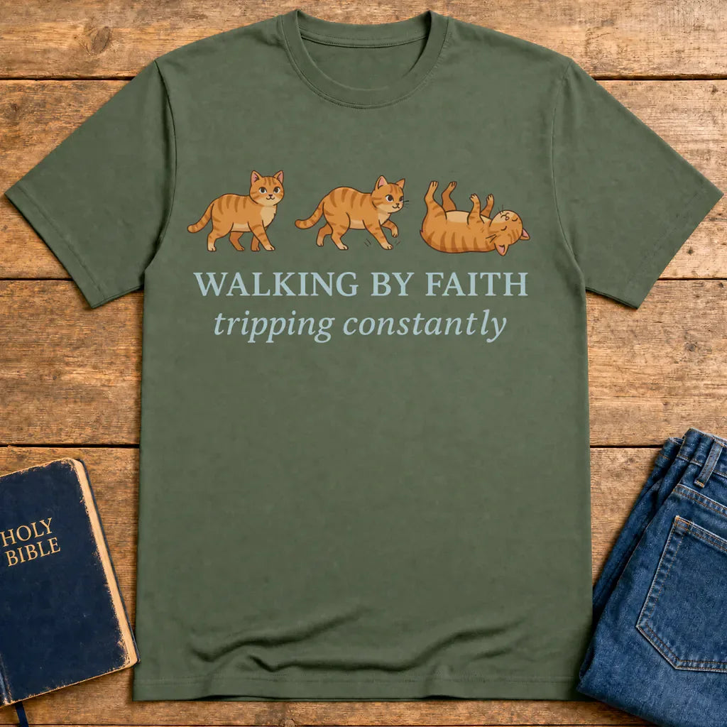 Walking By Faith Cat T-Shirt - Military Green