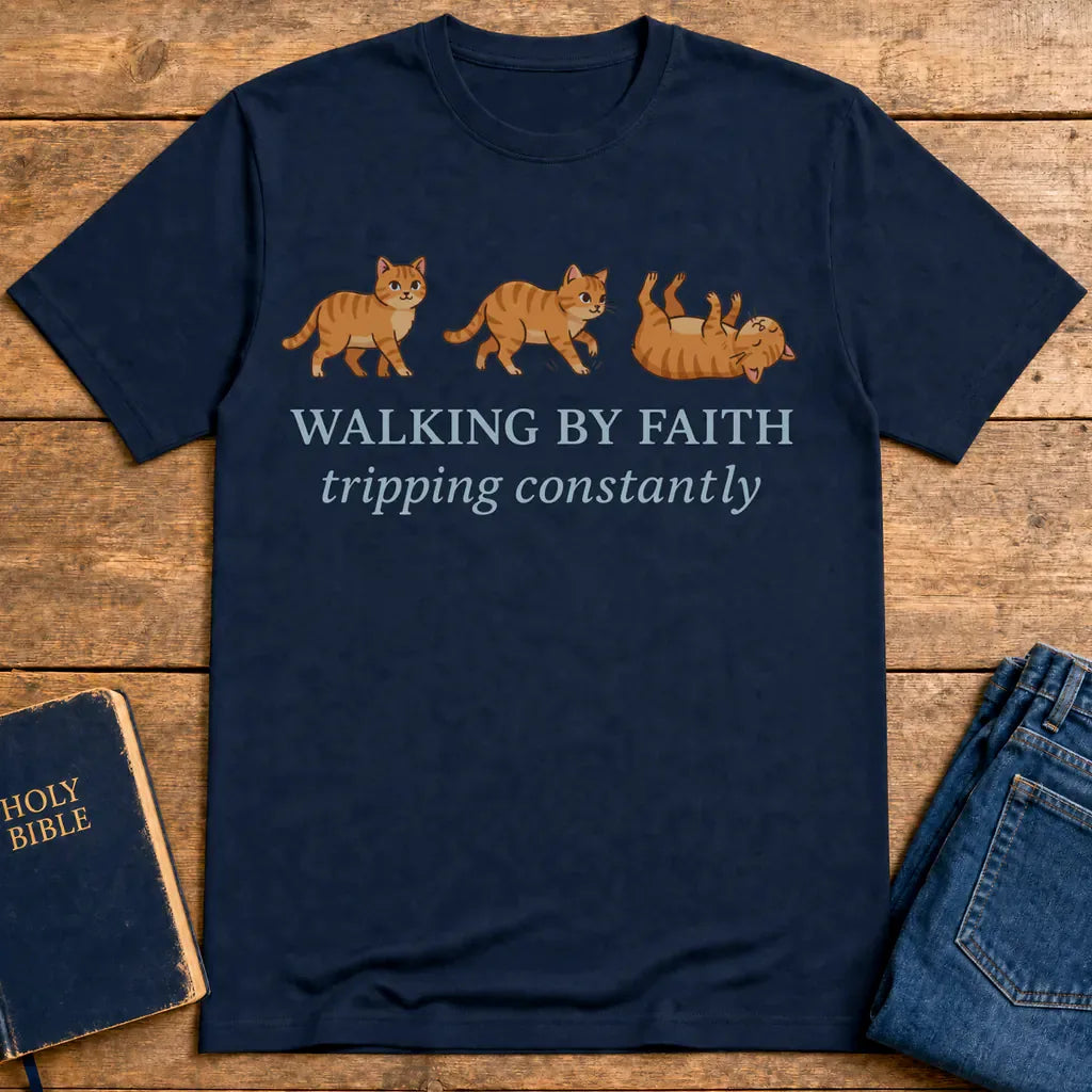 Walking By Faith Cat T-Shirt - Navy
