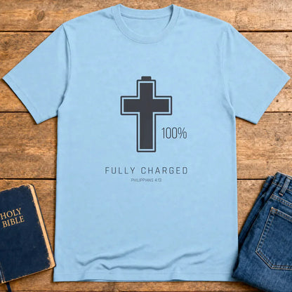 Fully Charged in Christ T-Shirt - Light Blue