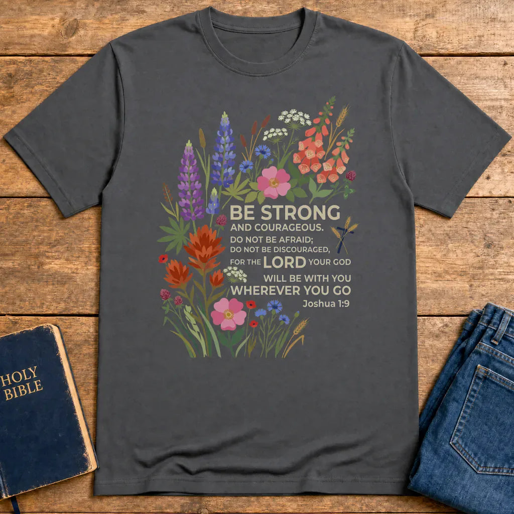 Floral Courage Scripture T-Shirt - Charcoal