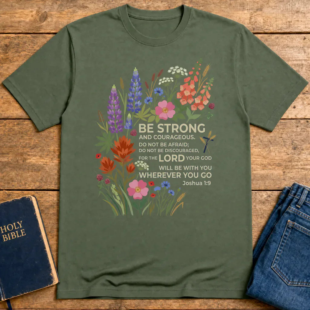 Floral Courage Scripture T-Shirt - Military Green