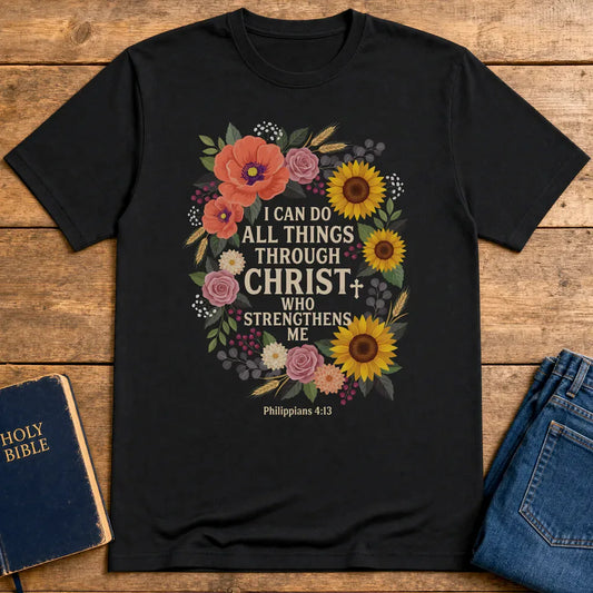 Strength in Christ Floral Wreath T-Shirt - Black