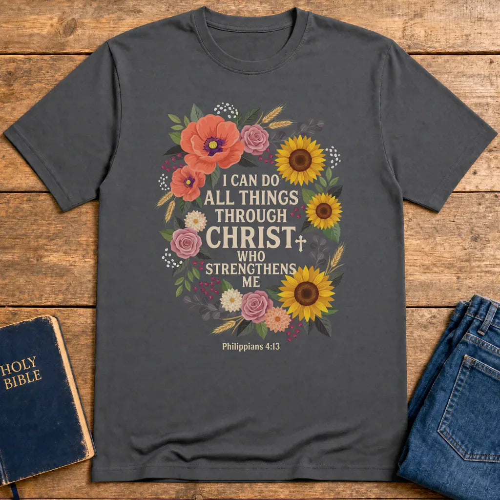 Strength in Christ Floral Wreath T-Shirt - Charcoal