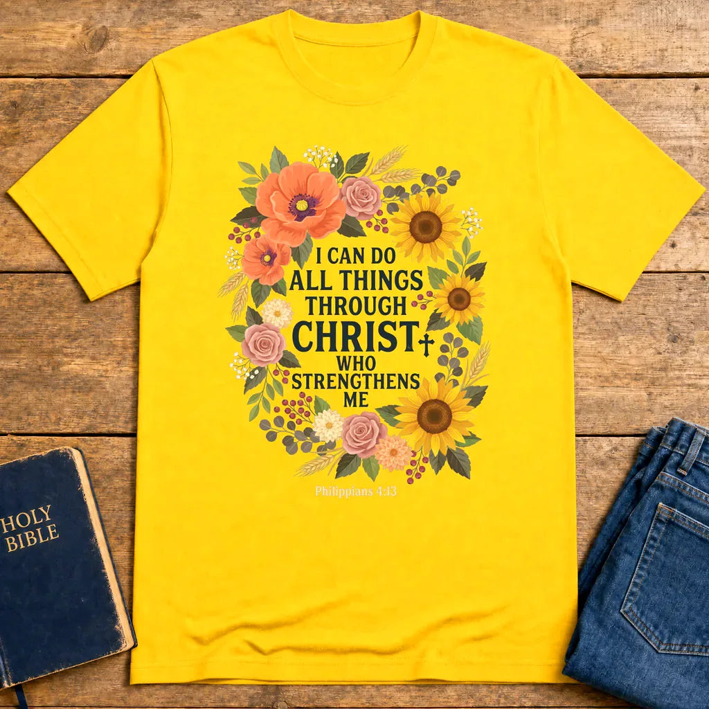 Strength in Christ Floral Wreath T-Shirt - Daisy