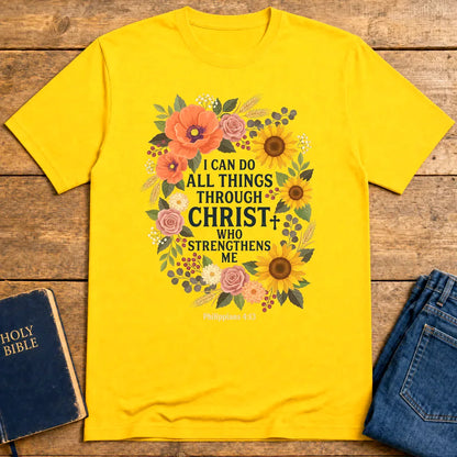Strength in Christ Floral Wreath T-Shirt - Daisy