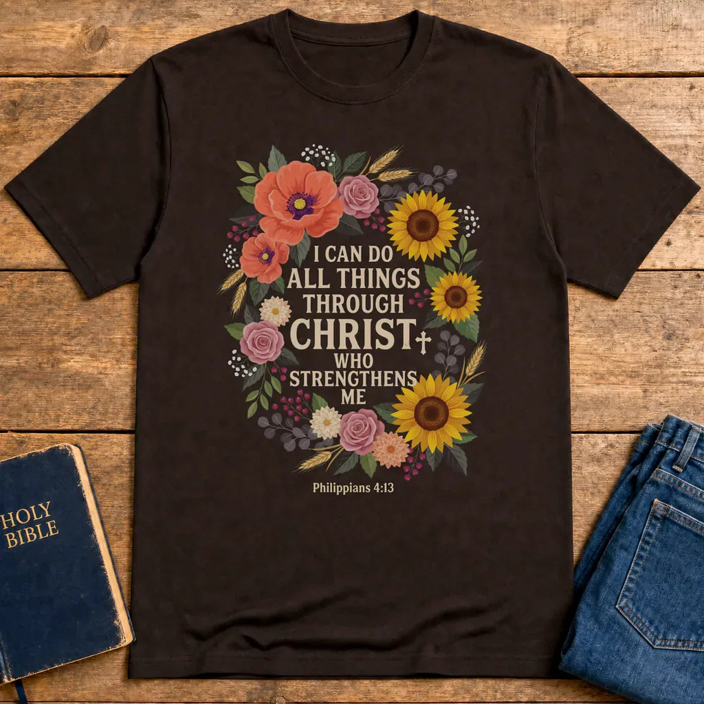 Strength in Christ Floral Wreath T-Shirt - Dark Chocolate