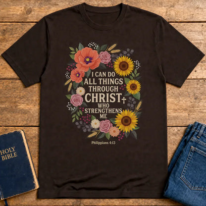 Strength in Christ Floral Wreath T-Shirt - Dark Chocolate