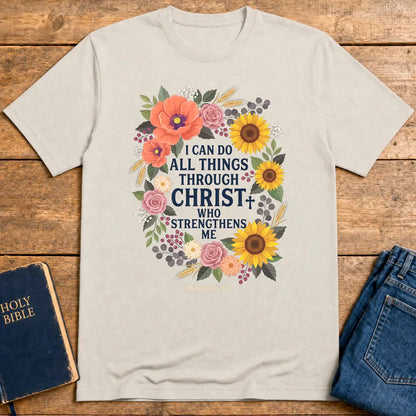 Strength in Christ Floral Wreath T-Shirt - Ice Grey