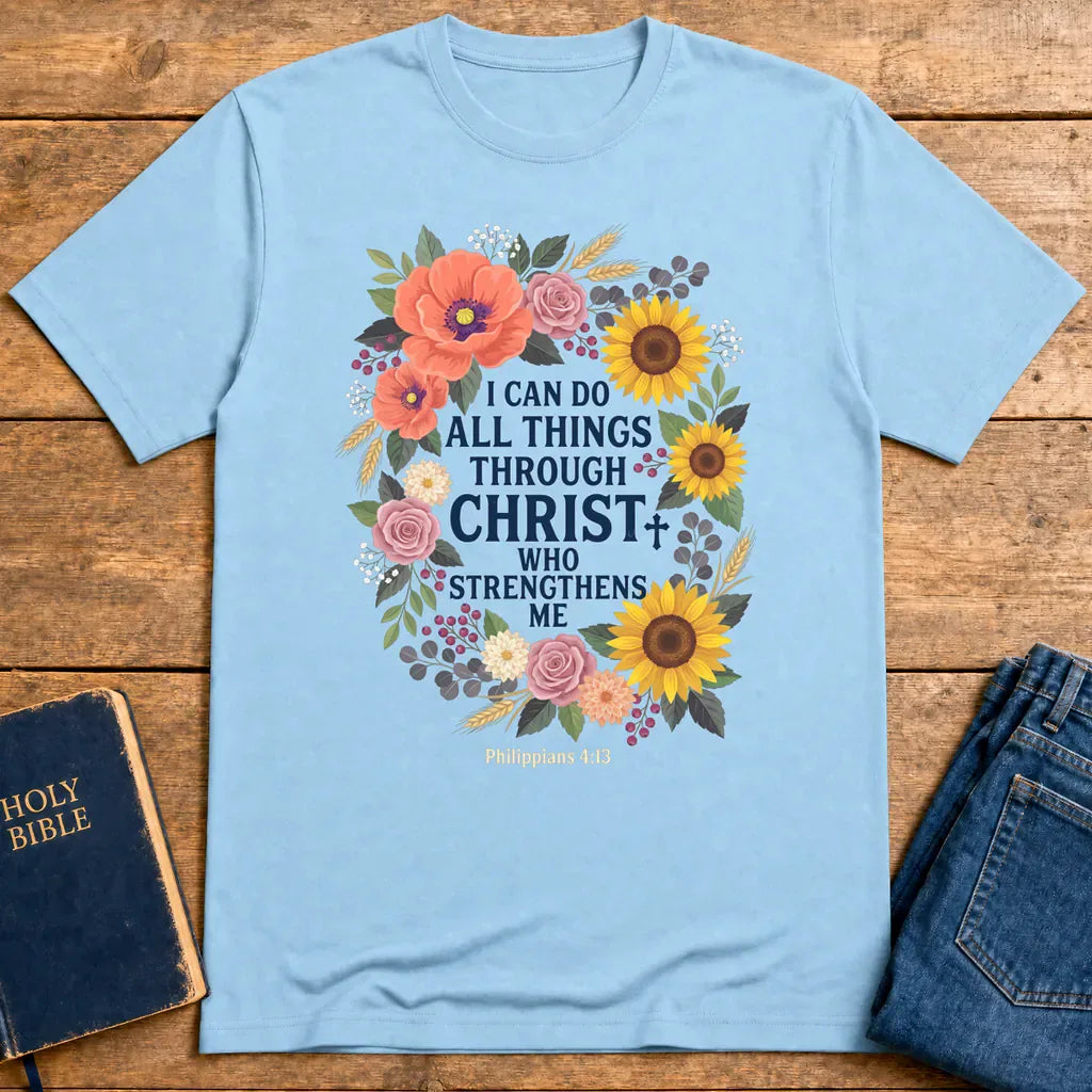 Strength in Christ Floral Wreath T-Shirt - Light Blue