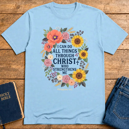 Strength in Christ Floral Wreath T-Shirt - Light Blue