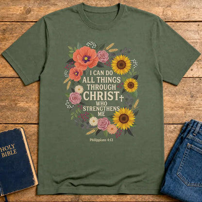 Strength in Christ Floral Wreath T-Shirt - Military Green