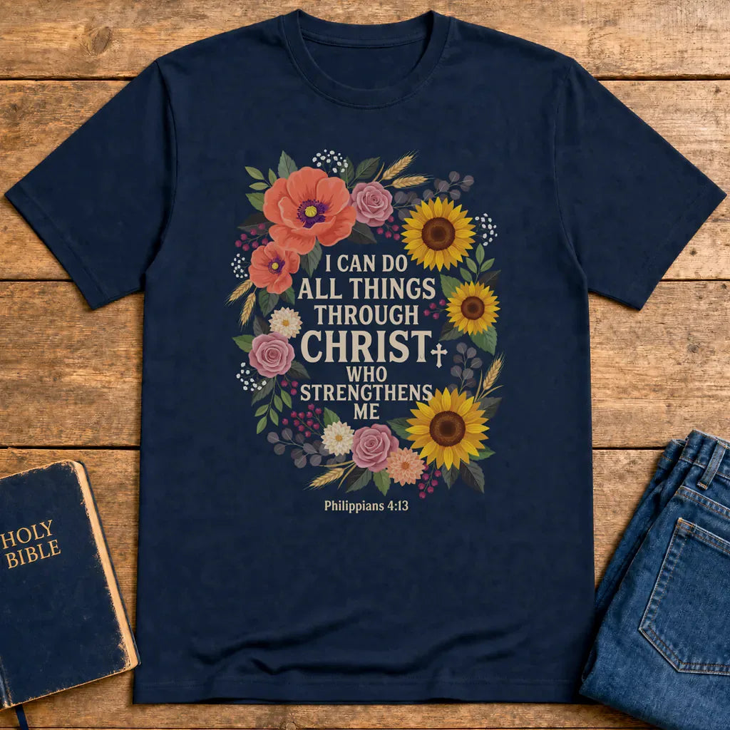 Strength in Christ Floral Wreath T-Shirt - Navy