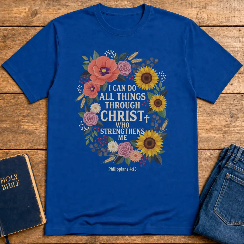 Strength in Christ Floral Wreath T-Shirt - Royal