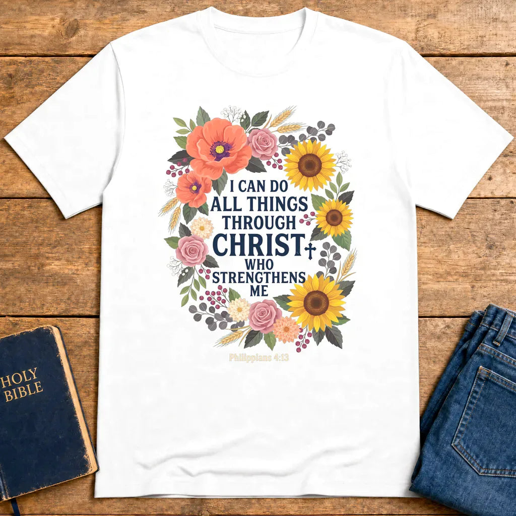 Strength in Christ Floral Wreath T-Shirt - White