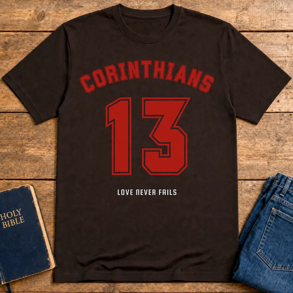 Corinthians 13 Love Never Fails T-Shirt - Dark Chocolate