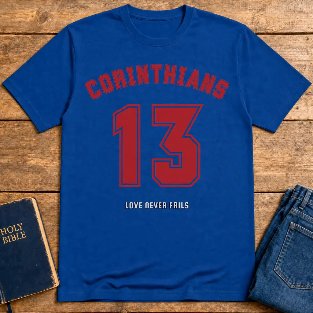 Corinthians 13 Love Never Fails T-Shirt - Royal