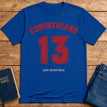 Corinthians 13 Love Never Fails T-Shirt - Royal
