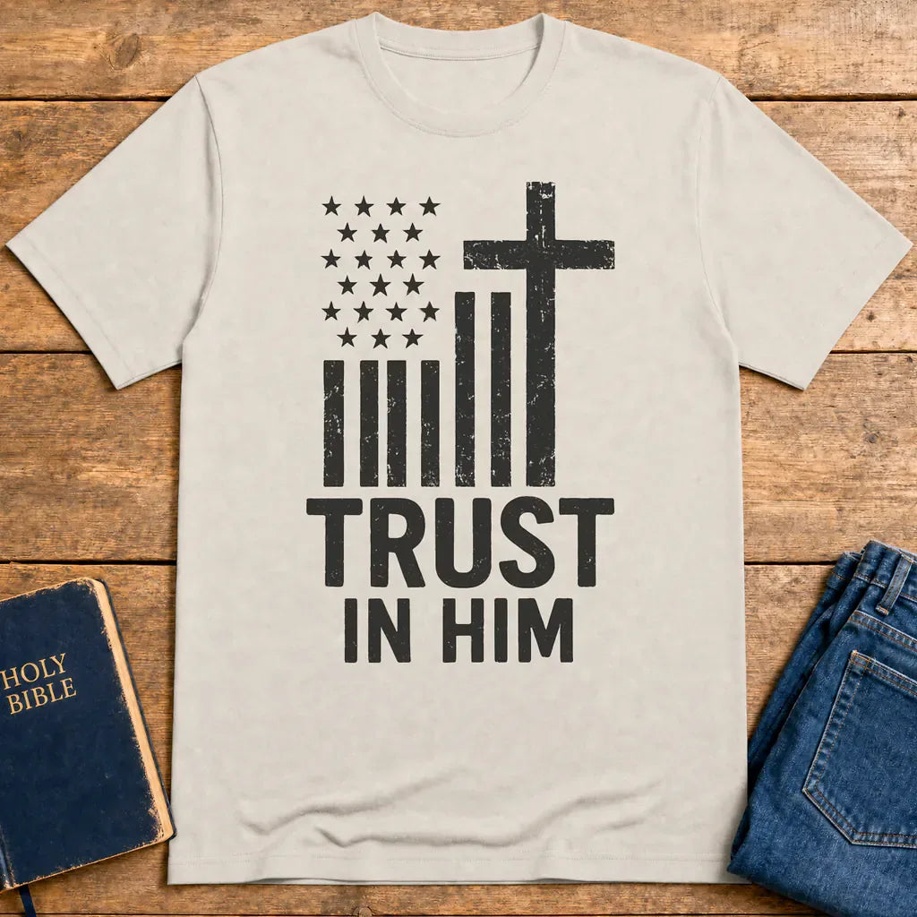 Trust In Him Cross Flag T-Shirt - Ice Grey