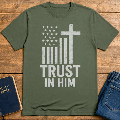 Trust In Him Cross Flag T-Shirt - Military Green