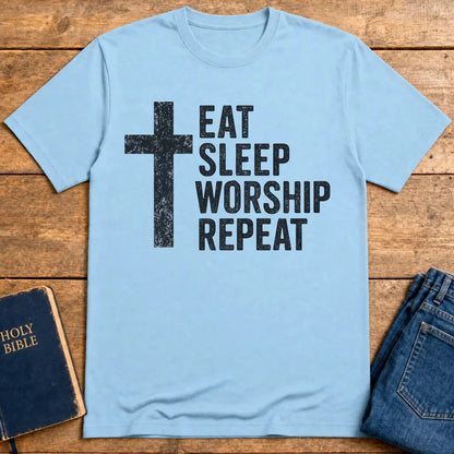 Eat Sleep Worship Repeat T-Shirt - Light Blue