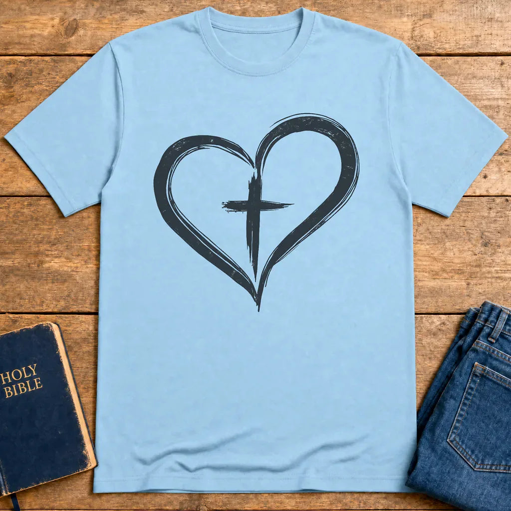 Cross in Heart T-Shirt - Light Blue