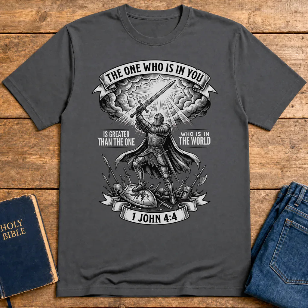 Greater Is He Warrior Scripture T-Shirt - Charcoal