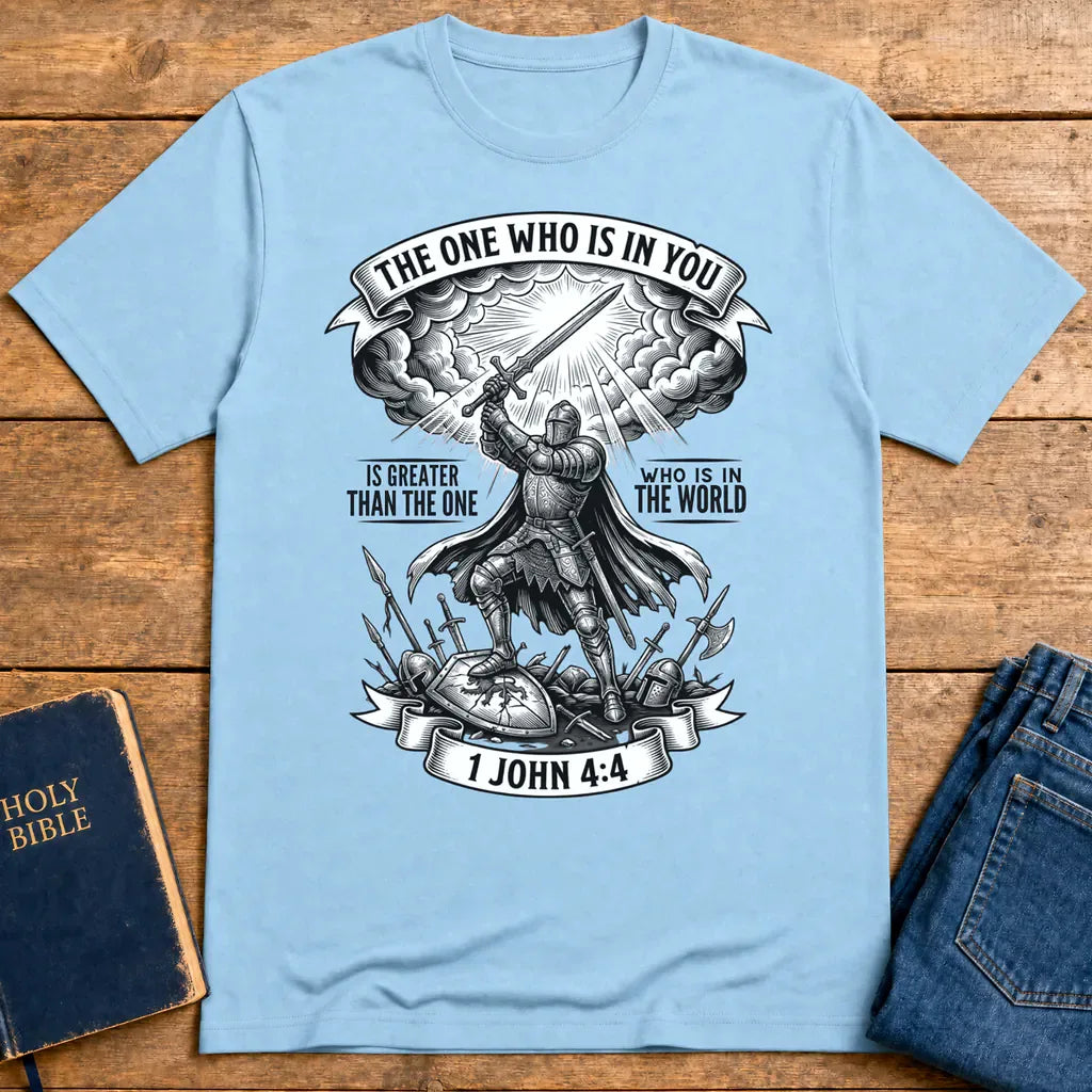 Greater Is He Warrior Scripture T-Shirt - Light Blue