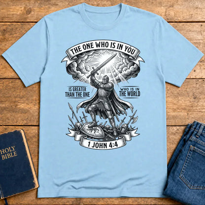 Greater Is He Warrior Scripture T-Shirt - Light Blue