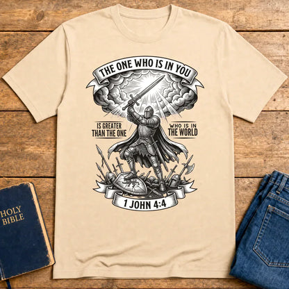 Greater Is He Warrior Scripture T-Shirt - Natural