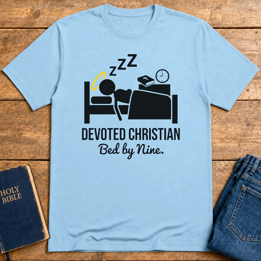 Devoted Christian Bed by Nine T-Shirt - Light Blue