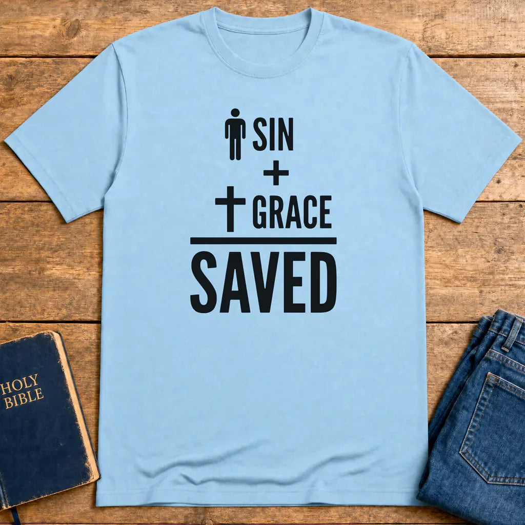 Sin + Grace = Saved T-Shirt - Light Blue
