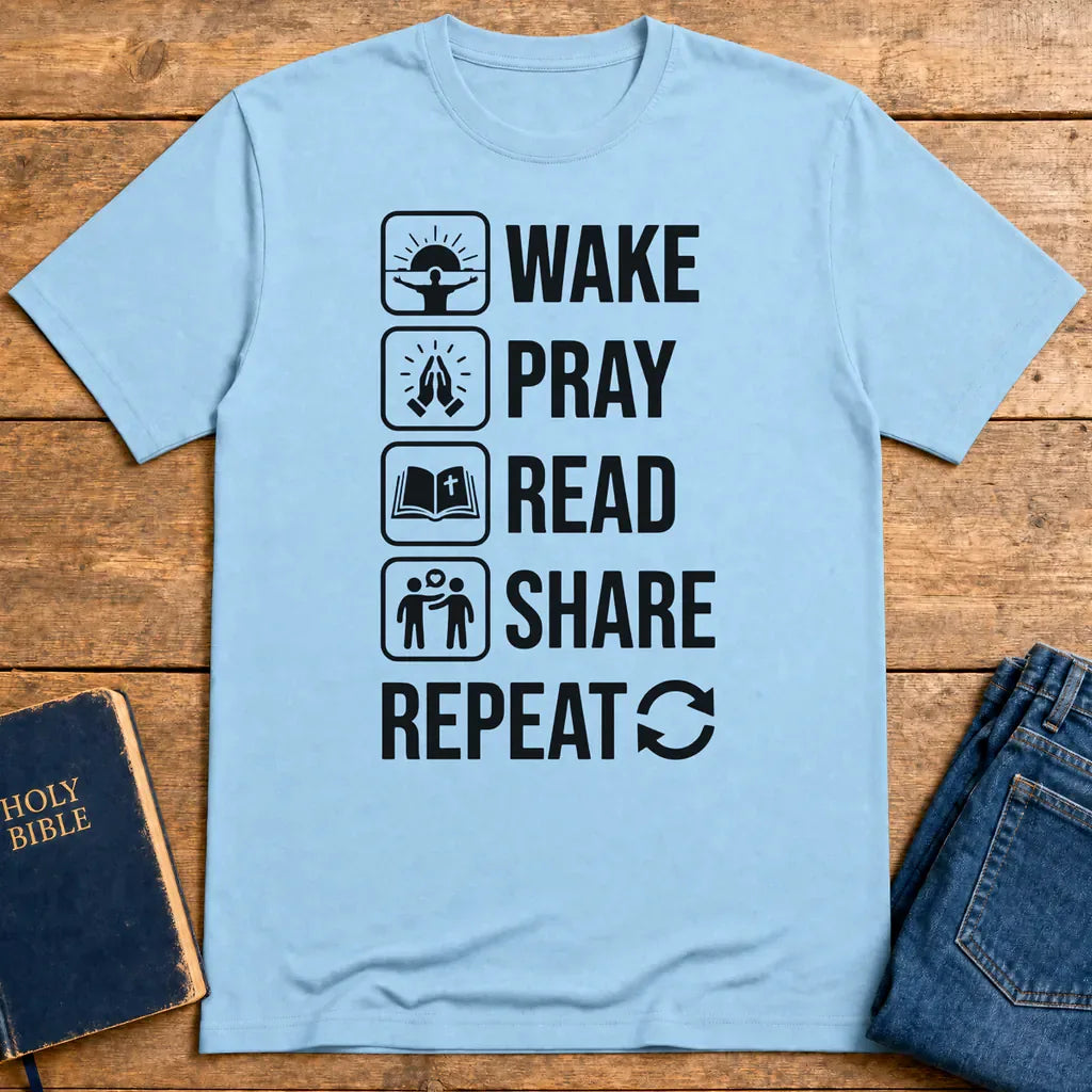 Wake Pray Read Share Repeat T-Shirt - Light Blue