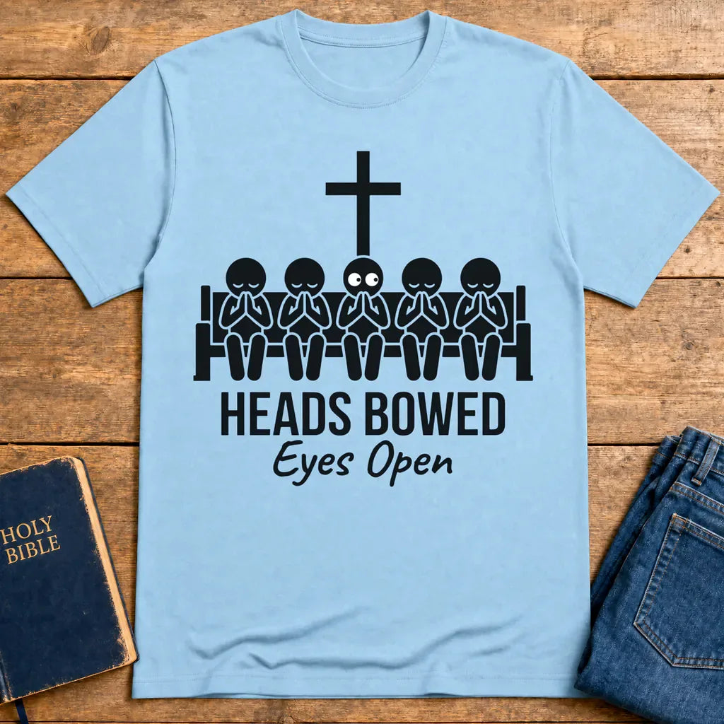 Heads Bowed Eyes Open T-Shirt - Light Blue