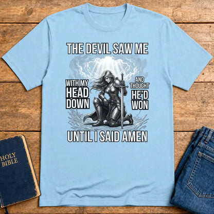 Warrior of Amen Faith Armor T-Shirt - Light Blue
