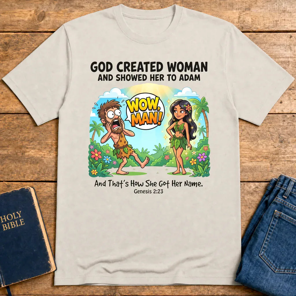 Wow, Man! Creation Humor T-Shirt - Ice Grey