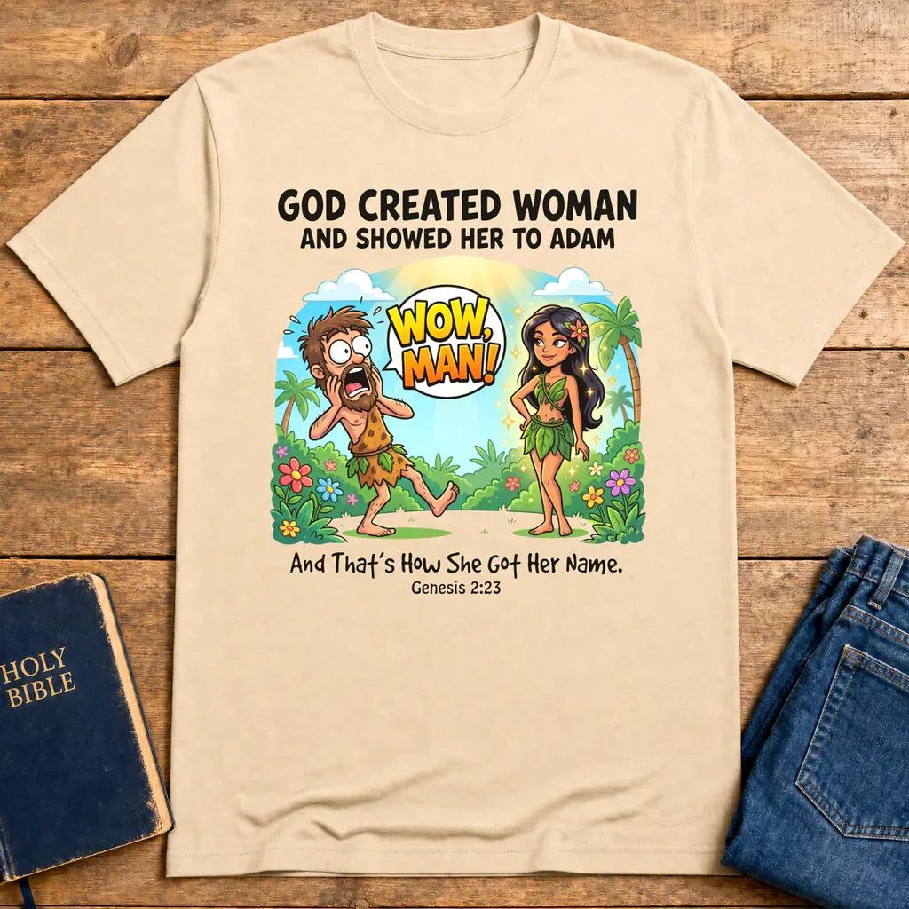 Wow, Man! Creation Humor T-Shirt - Natural