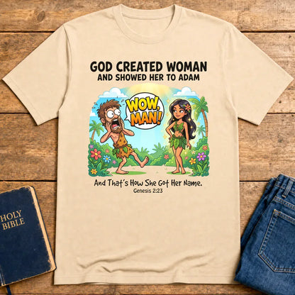 Wow, Man! Creation Humor T-Shirt - Natural