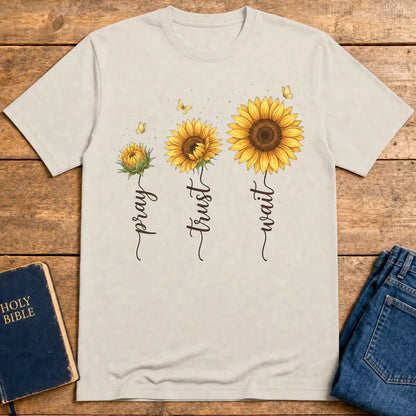 Pray Trust Wait Sunflower T-Shirt - Ice Grey