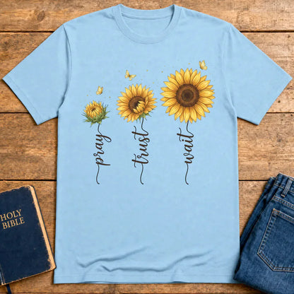 Pray Trust Wait Sunflower T-Shirt - Light Blue