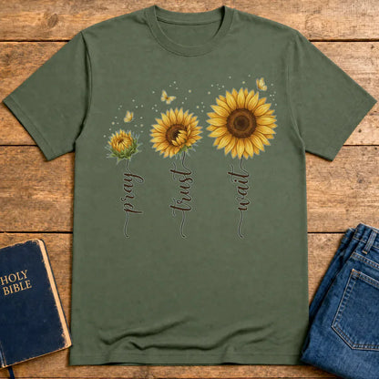 Pray Trust Wait Sunflower T-Shirt - Military Green